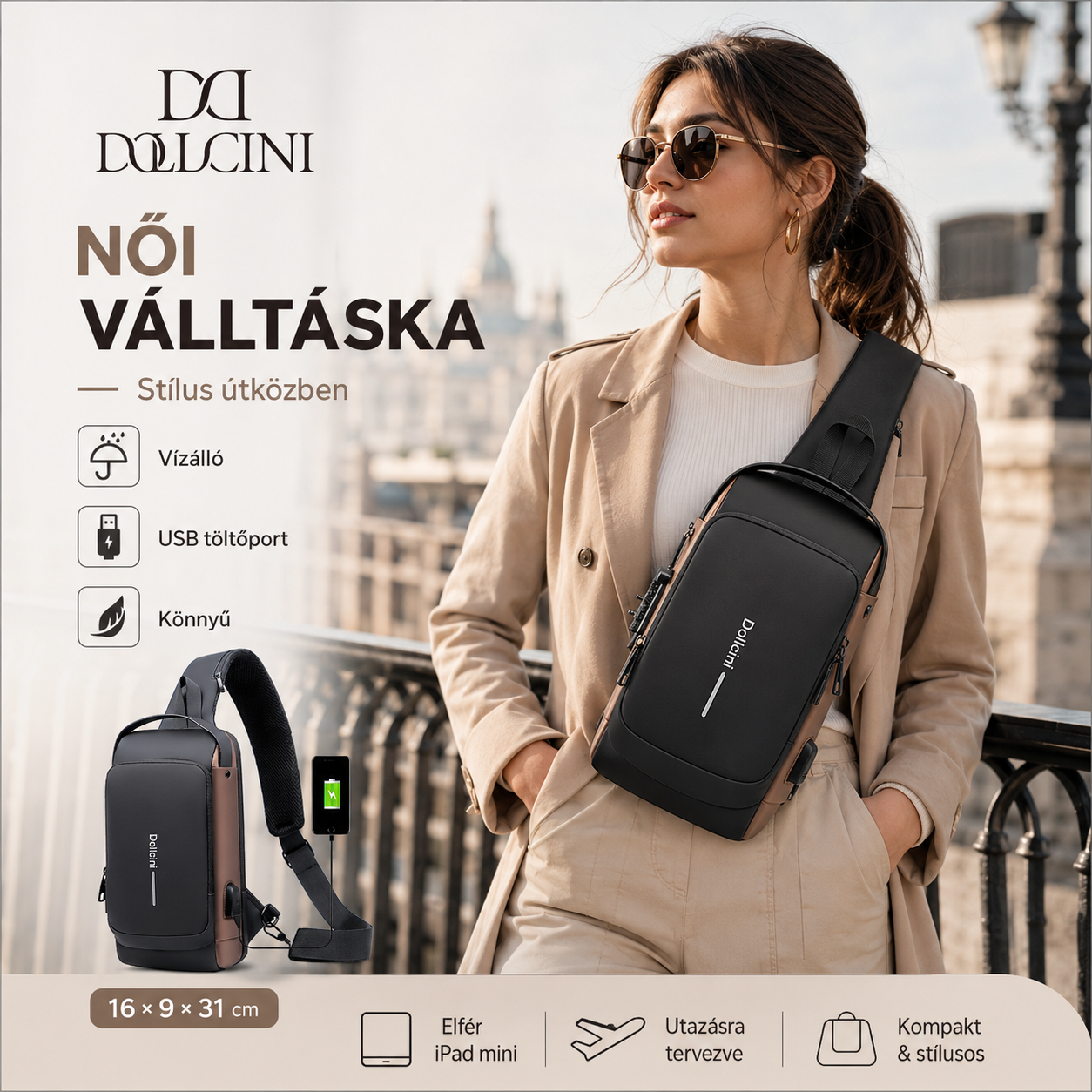 Dollcini Women's Chest Bag with USB Port – Combination Lock Shoulder Bag