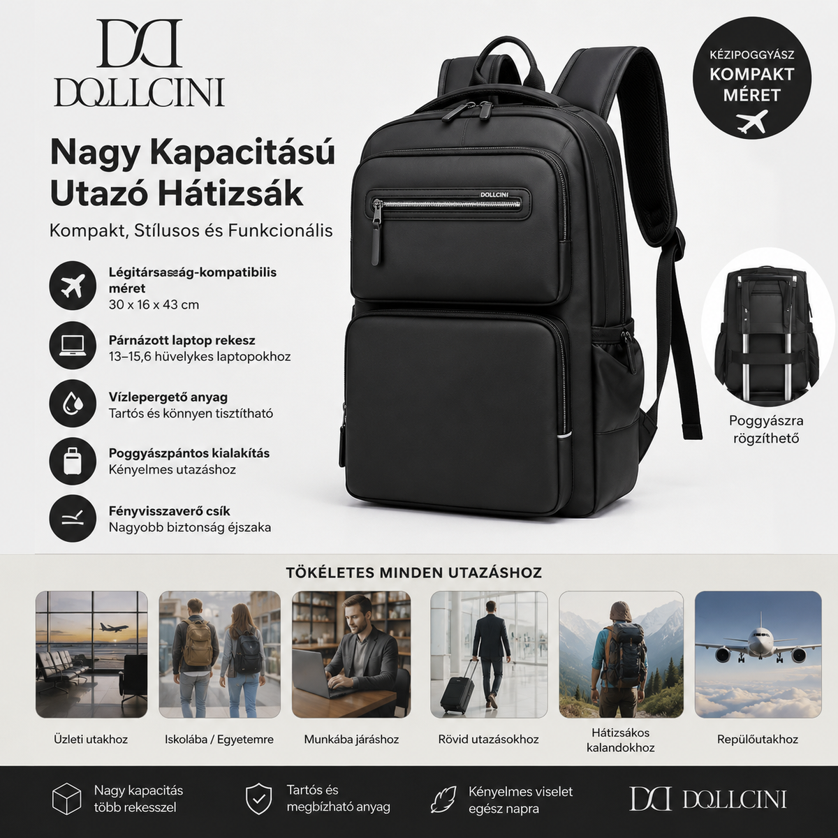 Dollcini Laptop Bag, Travel Backpack – For 15.6" Laptops, Water-Resistant
