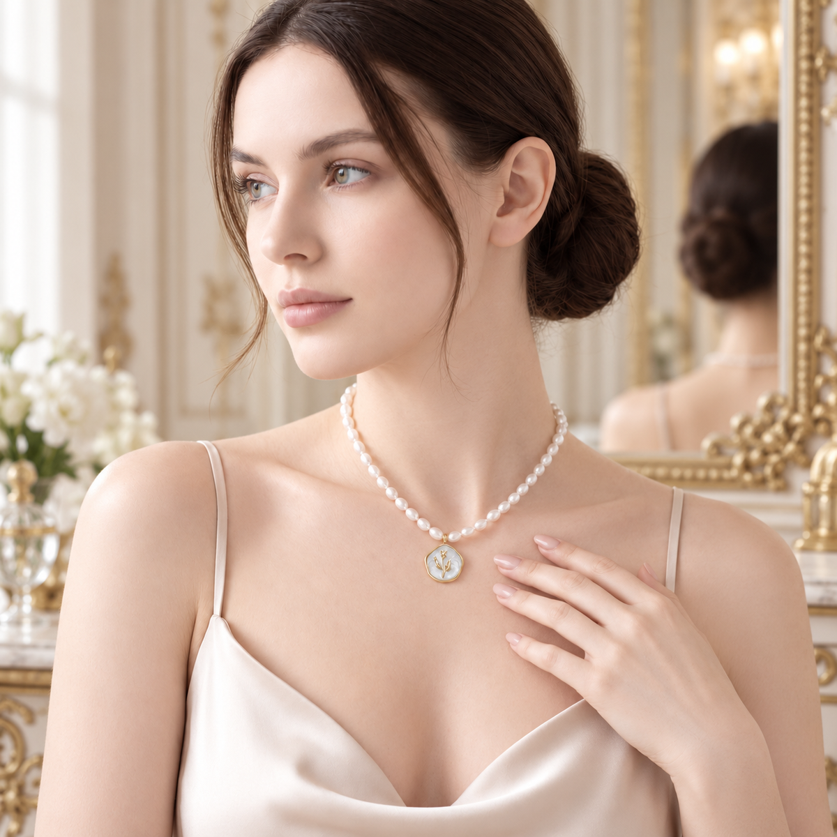 Dollcini Pearl Bead Necklace with Flower Pendant – Rose or Tulip
