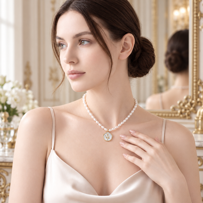 Dollcini Pearl Bead Necklace with Flower Pendant – Rose or Tulip