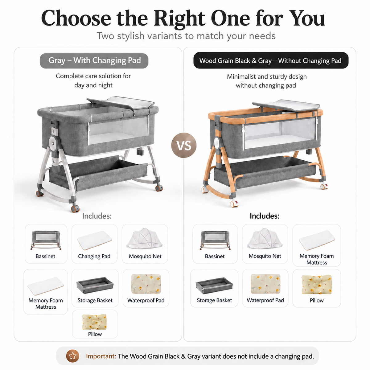 Dollcini Home Foldable Crib Baby Bassinet with Mattress and Storage Basket, Adjustable Height, Gray