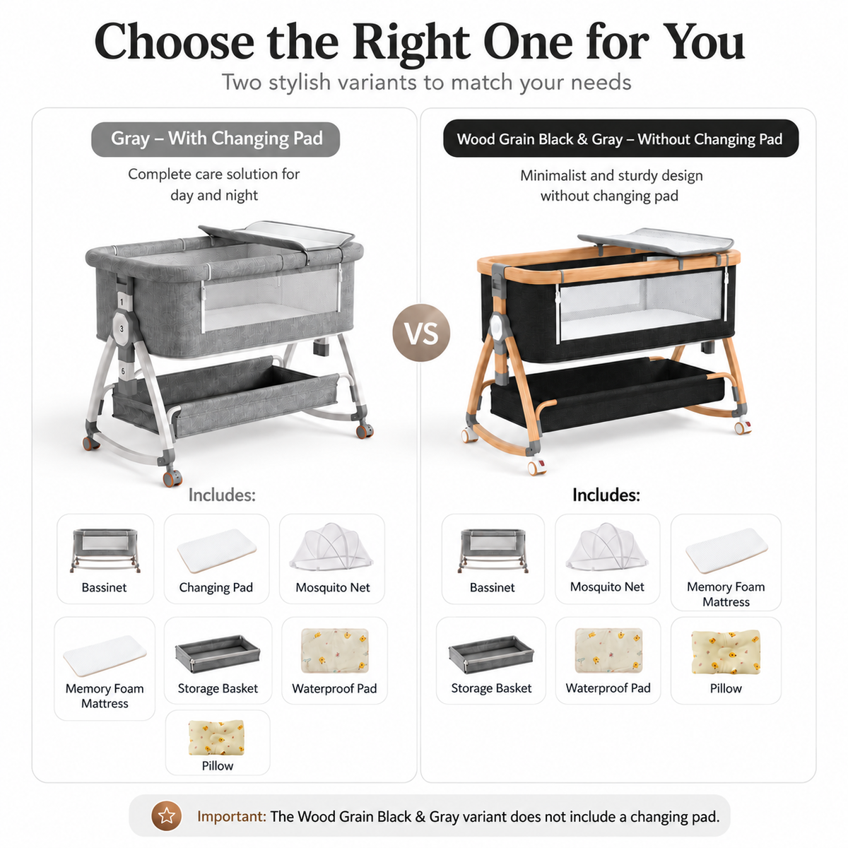 Dollcini Home Foldable Crib Baby Bassinet with Mattress and Storage Basket, Adjustable Height, Gray