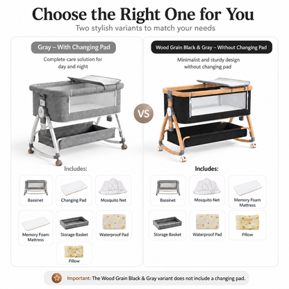 Dollcini Home Foldable Crib Baby Bassinet with Mattress and Storage Basket, Adjustable Height, Gray
