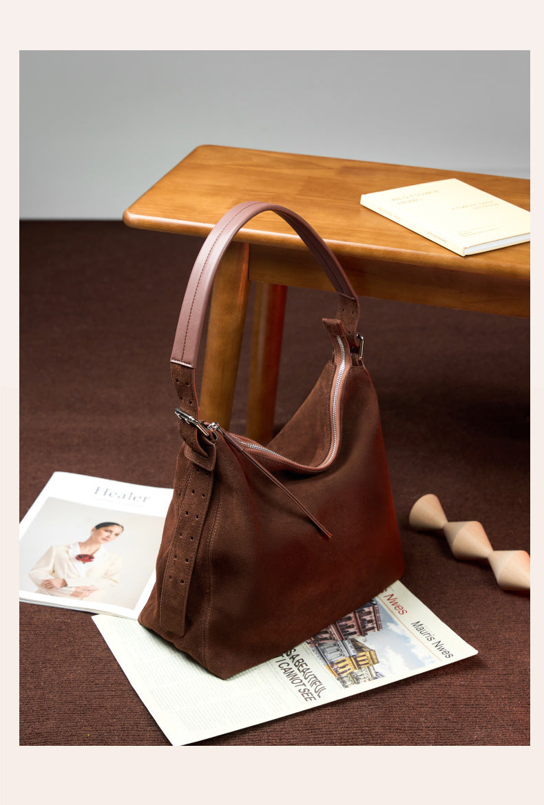 Dollcini Women's Genuine Leather Tote Shoulder Bag – European–American Retro Style, Coffee Brown
