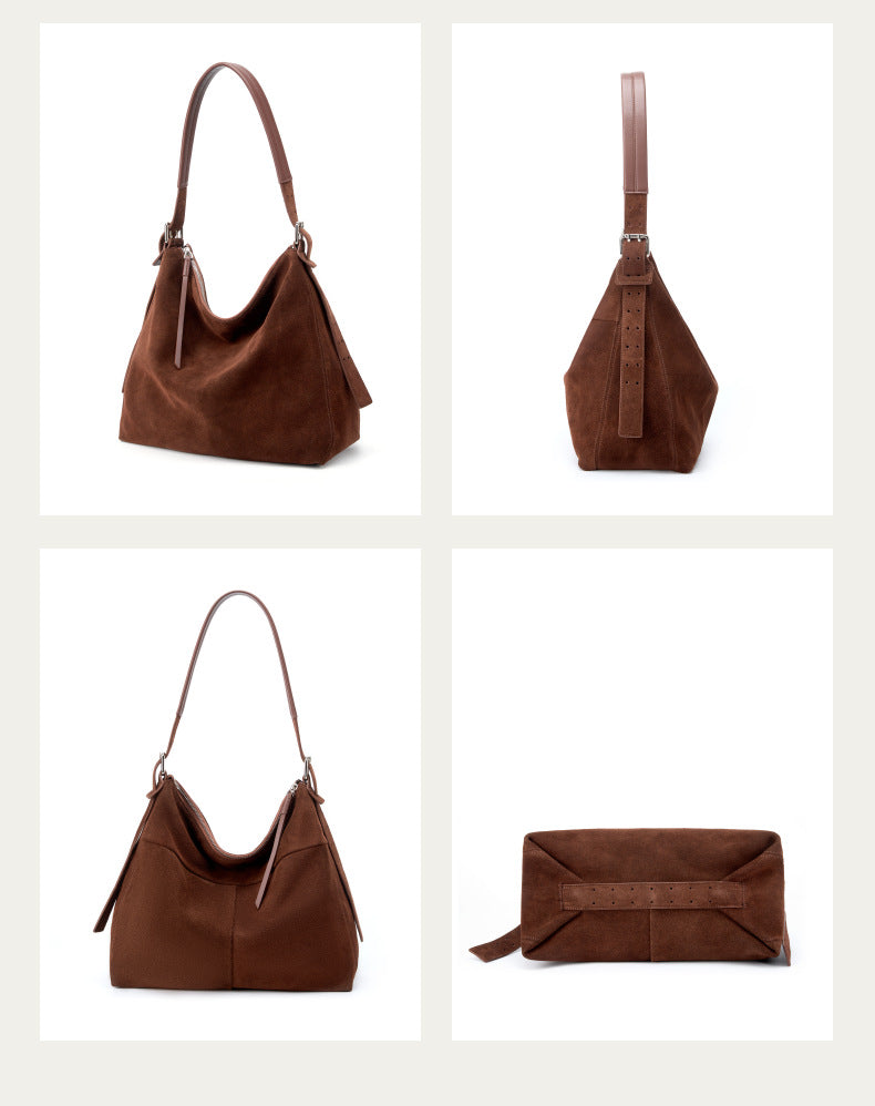 Dollcini Women's Genuine Leather Tote Shoulder Bag – European–American Retro Style, Coffee Brown