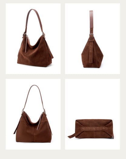 Dollcini Women's Genuine Leather Tote Shoulder Bag – European–American Retro Style, Coffee Brown