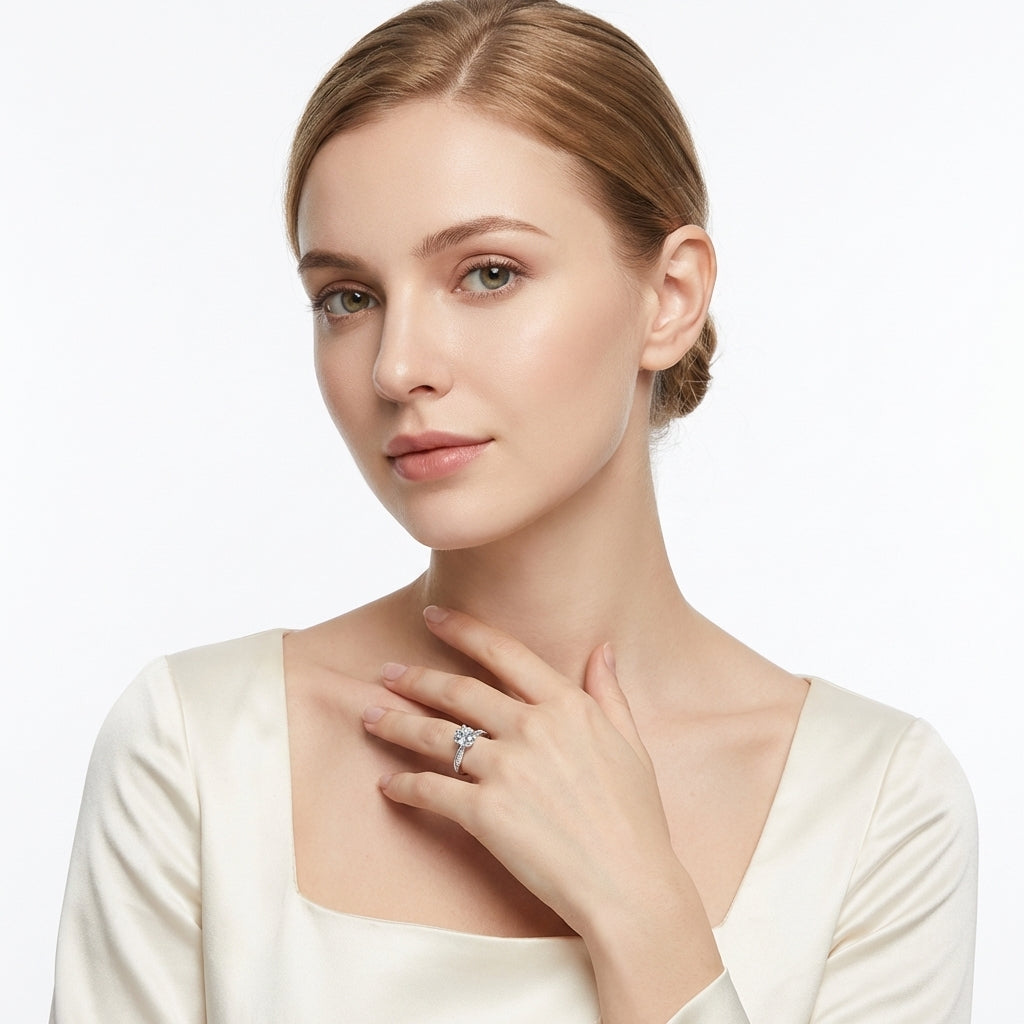 Dollcini Classic Six-Prong Moissanite Ring with Stone Accents and GRA Certificate – Available in 1, 2 and 3 Carat Versions
