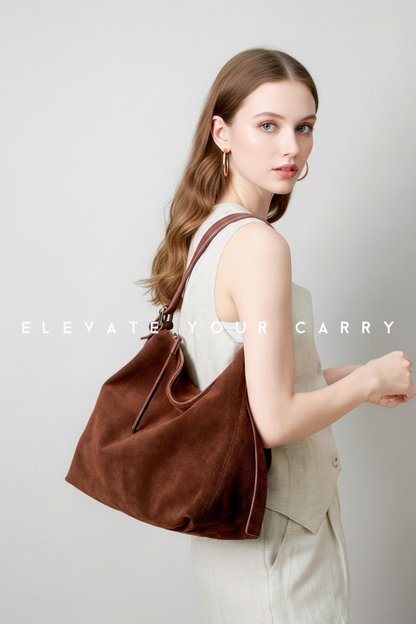 Dollcini Women's Genuine Leather Tote Shoulder Bag – European–American Retro Style, Coffee Brown