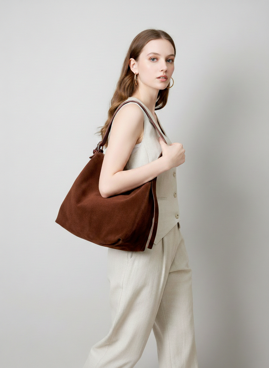 Dollcini Women's Genuine Leather Tote Shoulder Bag – European–American Retro Style, Coffee Brown