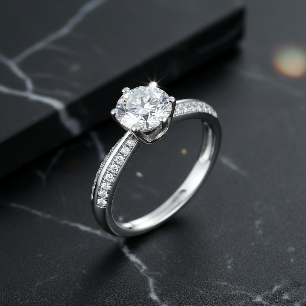 Dollcini Classic Six-Prong Moissanite Ring with Stone Accents and GRA Certificate – Available in 1, 2 and 3 Carat Versions