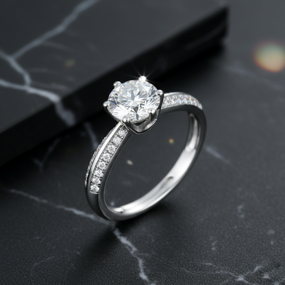 Dollcini Classic Six-Prong Moissanite Ring with Stone Accents and GRA Certificate – Available in 1, 2 and 3 Carat Versions