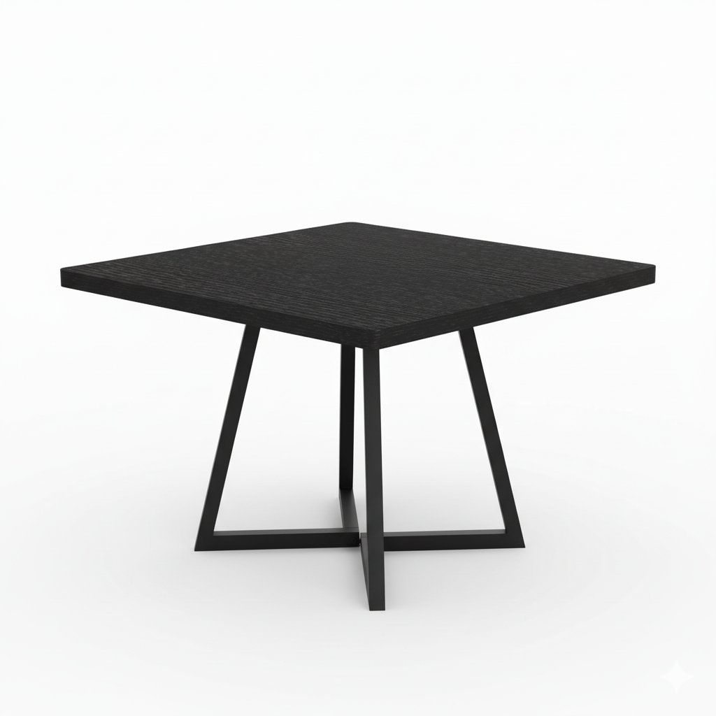 modern 80 x 80 cm étkezőasztal, fekete négyzetes lappal és fekete fém lábakkal