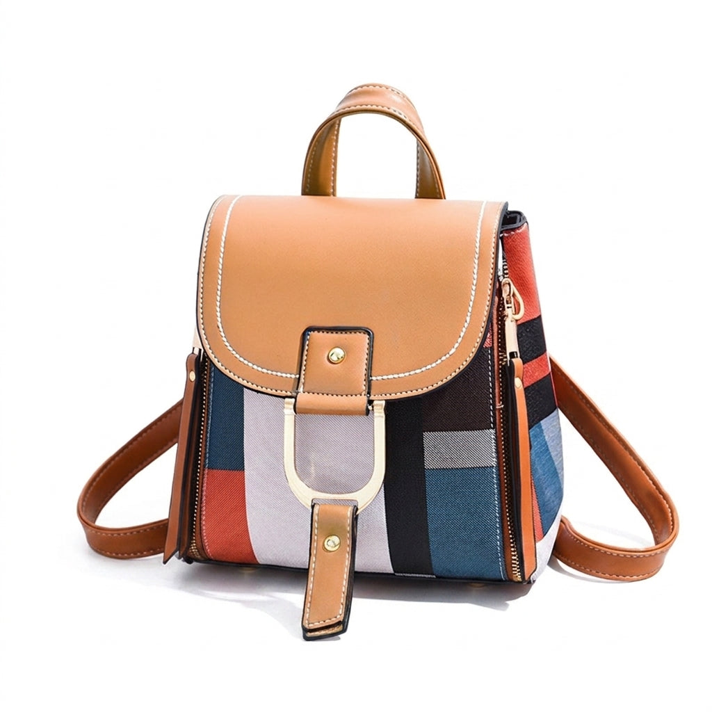 Brown patchwork compact women's backpack, front view, with flap closure
