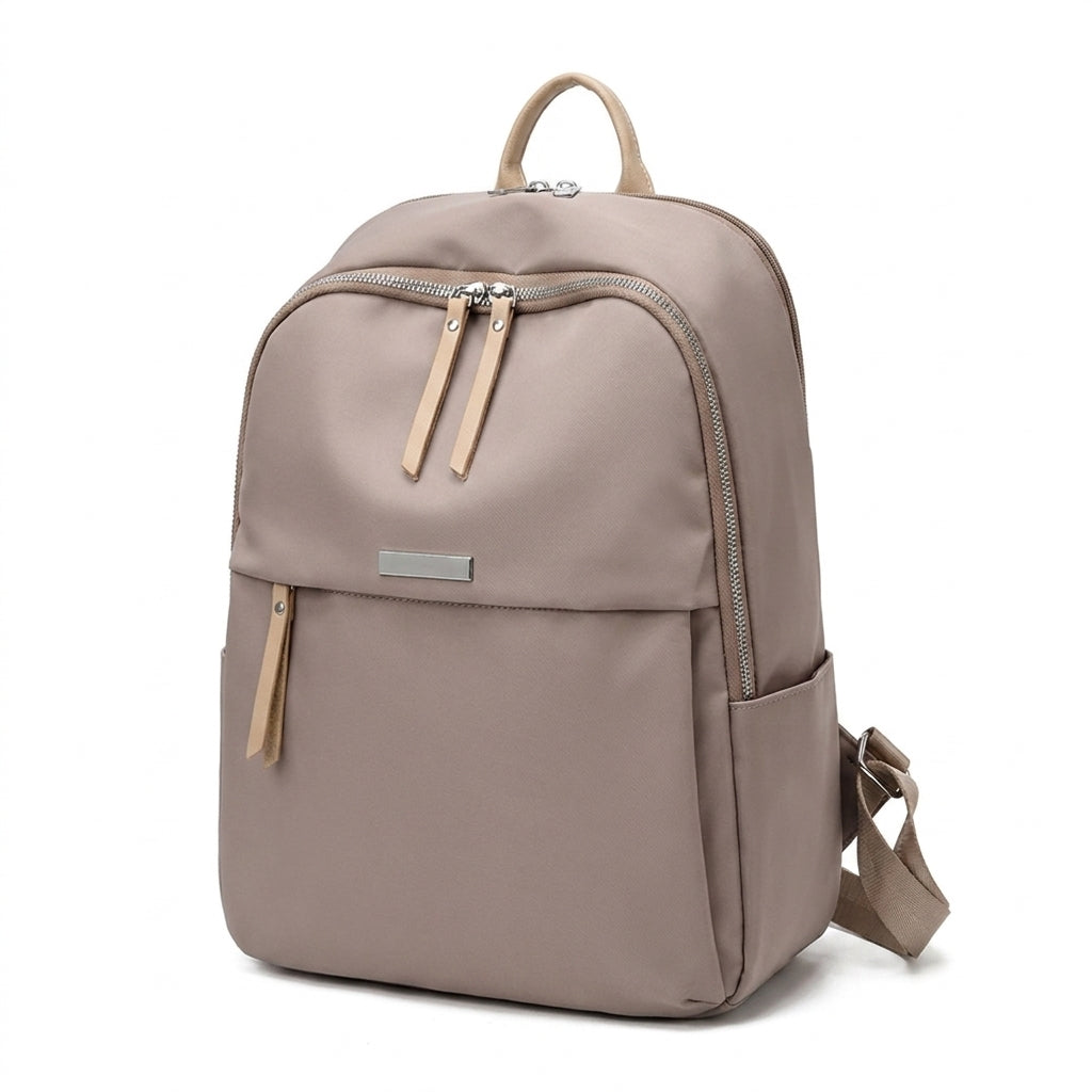 Grey-beige women's laptop backpack, front view, with gold-tone zipper pulls