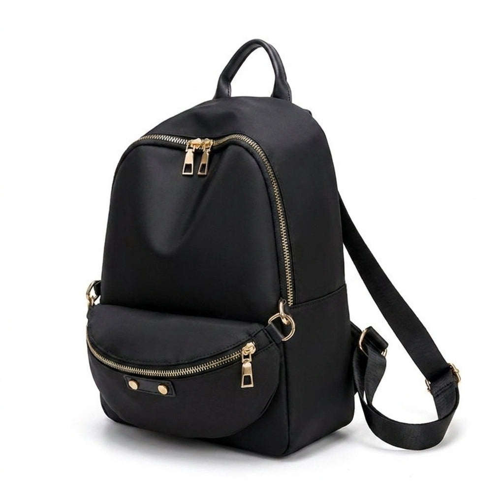Dollcini black compact women's backpack with gold zippers and a front pocket