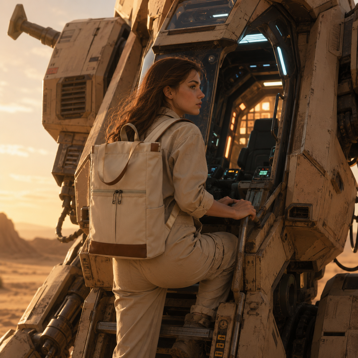 Dollcini beige women's backpack for city and travel use, shown on a female model in a futuristic desert setting