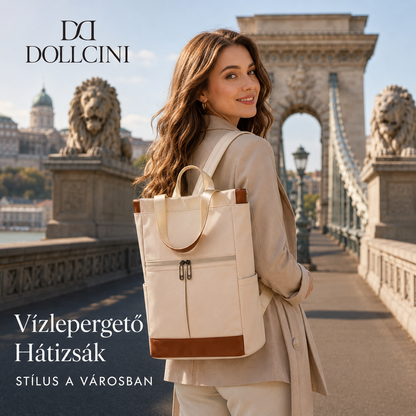 Dollcini beige-brown water-repellent women's backpack for city use, on a female model at Budapest's Chain Bridge