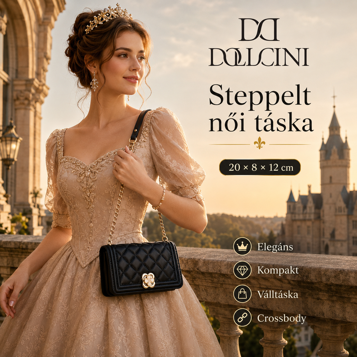 Dollcini Steppelt Női Futártáska – Elegáns, Aranyláncos Válltáska