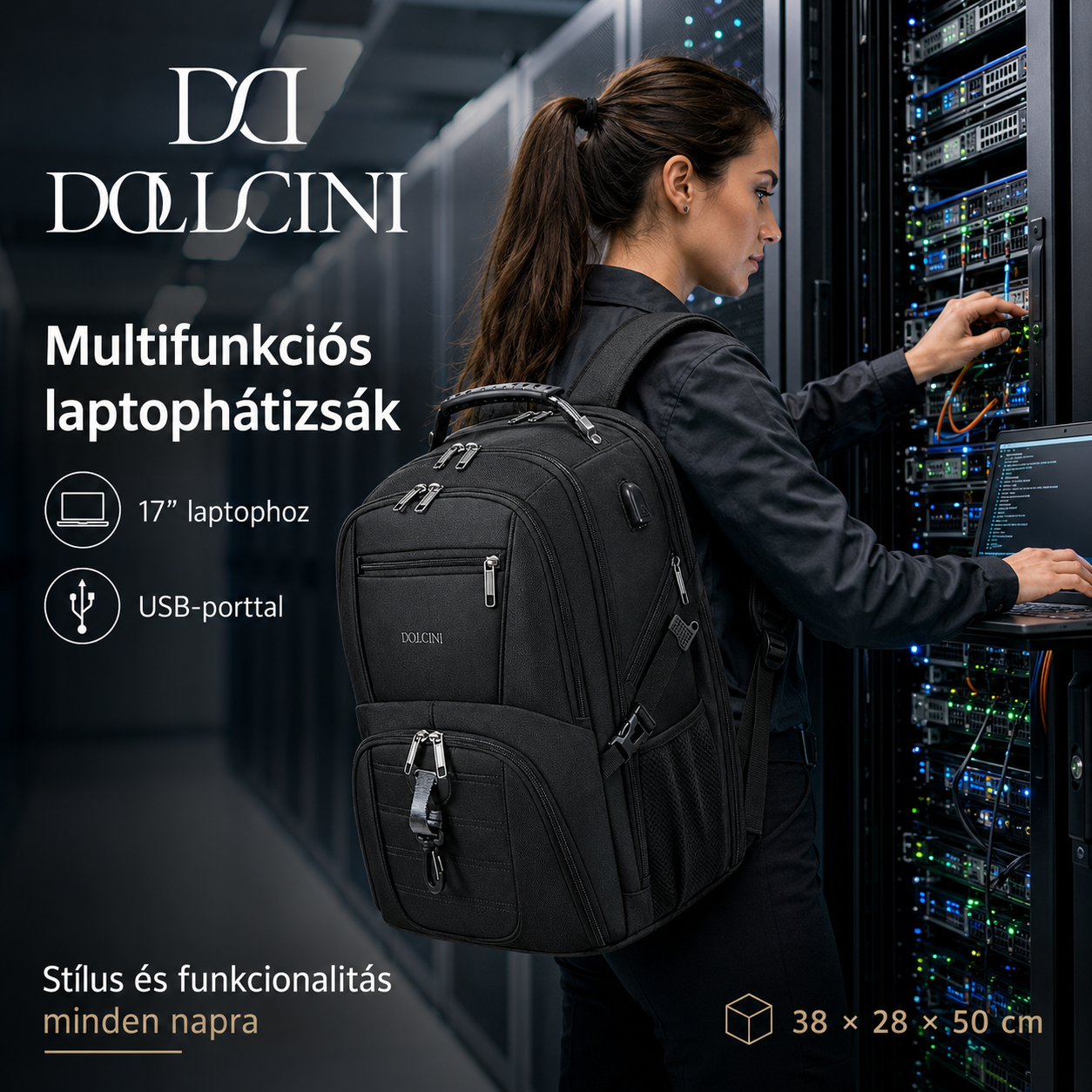 Dollcini Unisex Laptop Backpack – Waterproof Travel Backpack with USB Charging Port, Black