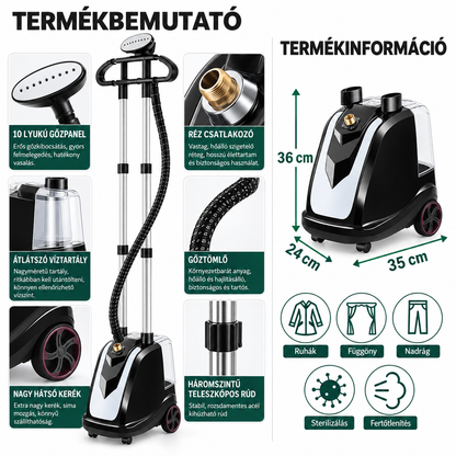 Dollcini Teljes Réz Ruhagőzölő 2200W – 35 L Tartály, 10 Lyukú Gőzfej, Fekete