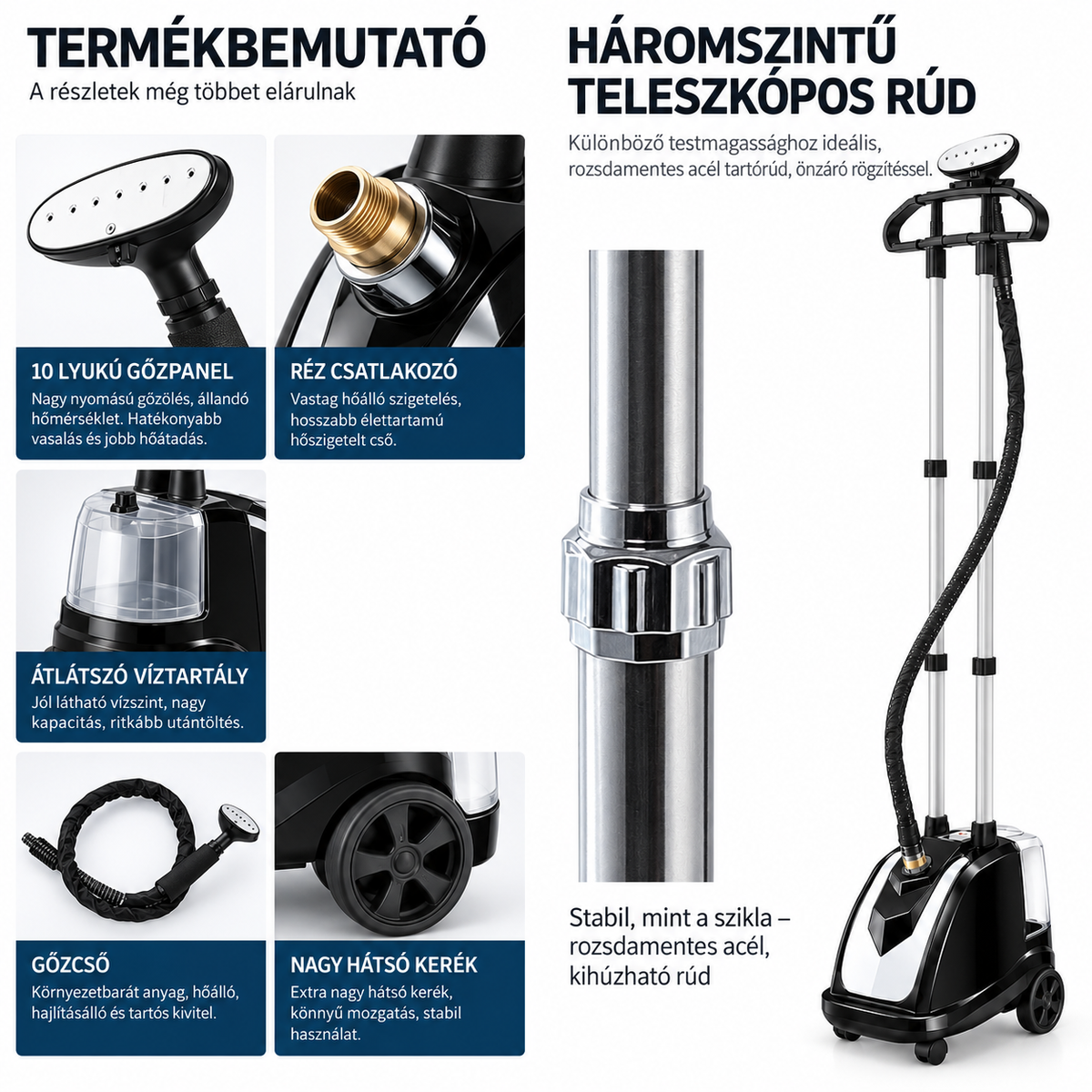Dollcini Teljes Réz Ruhagőzölő 2200W – 35 L Tartály, 10 Lyukú Gőzfej, Fekete