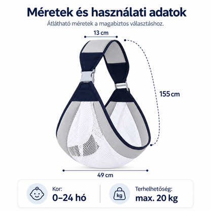 Dollcini Állítható Baba Hordozókendő – Szürke, 0–24 hó, max. 20 kg