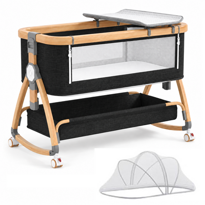 Dollcini Home Foldable Crib Baby Bassinet with Mattress and Storage Basket, Adjustable Height, Gray