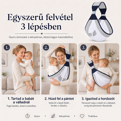 Dollcini Állítható Baba Hordozókendő – Szürke, 0–24 hó, max. 20 kg