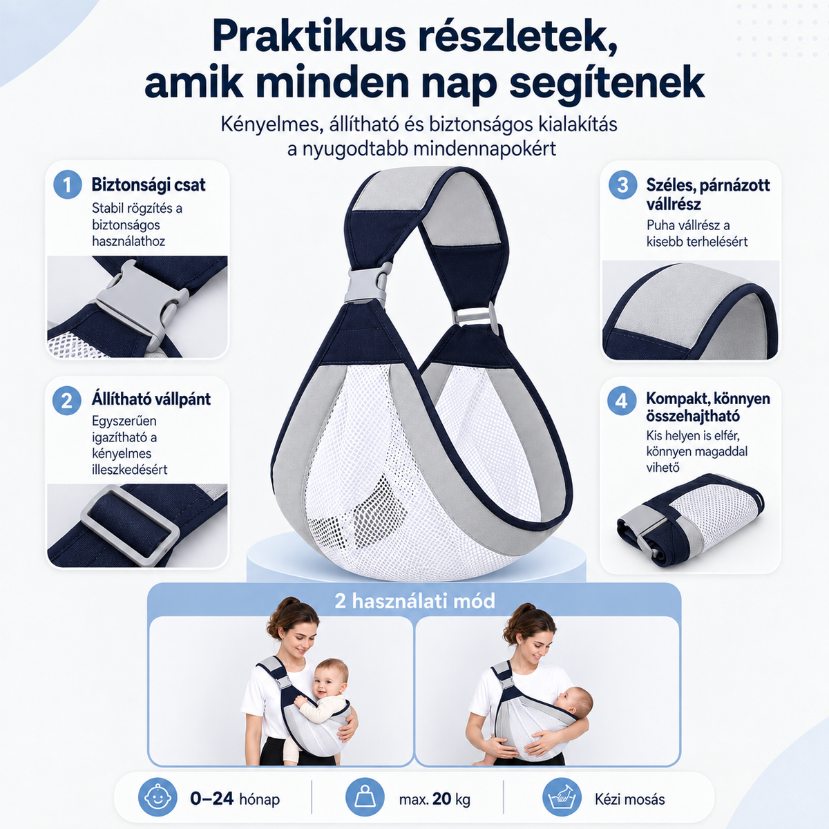 Dollcini Állítható Baba Hordozókendő – Szürke, 0–24 hó, max. 20 kg