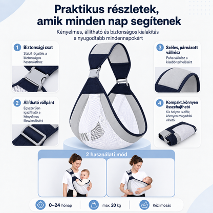 Dollcini Állítható Baba Hordozókendő – Szürke, 0–24 hó, max. 20 kg