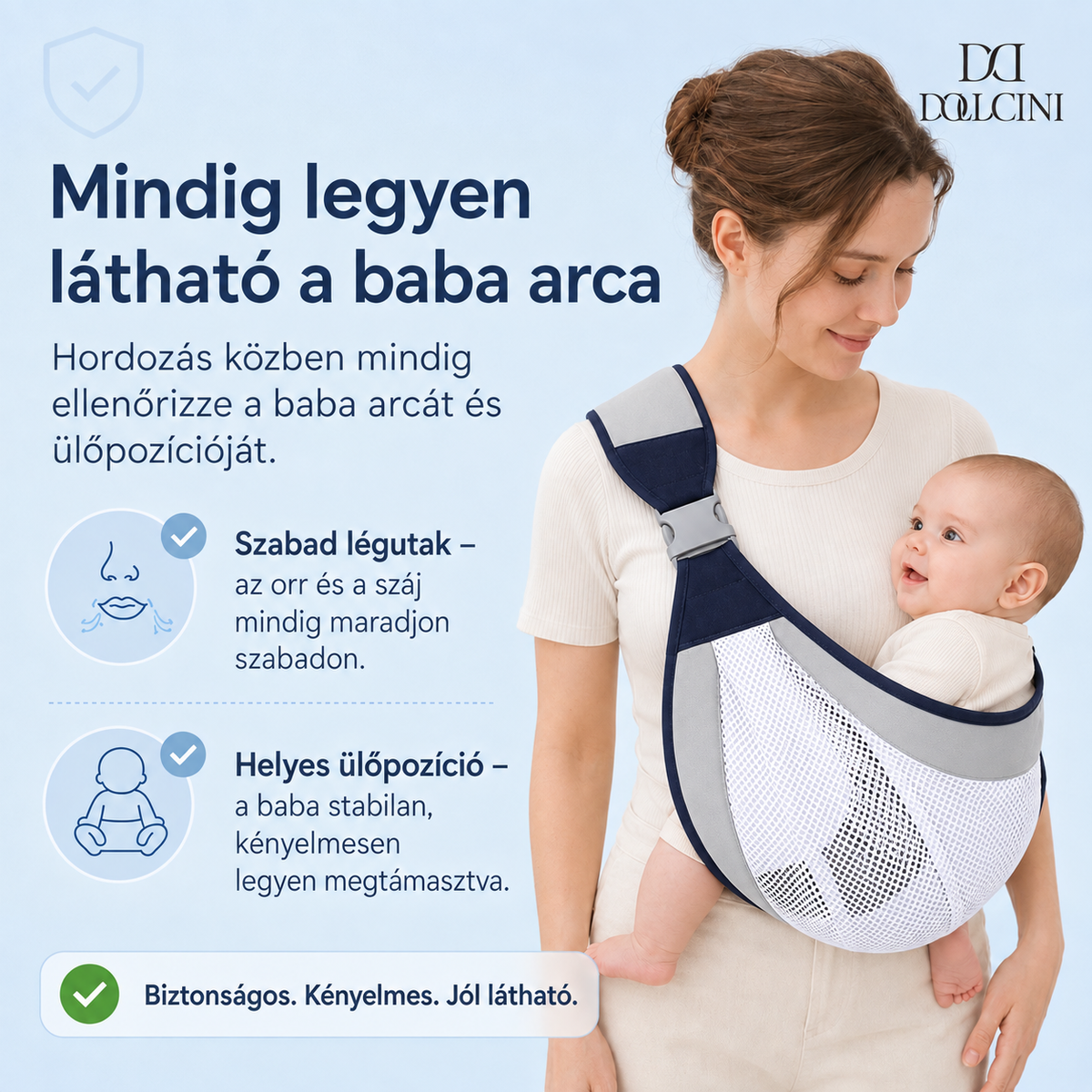 Dollcini Állítható Baba Hordozókendő – Szürke, 0–24 hó, max. 20 kg