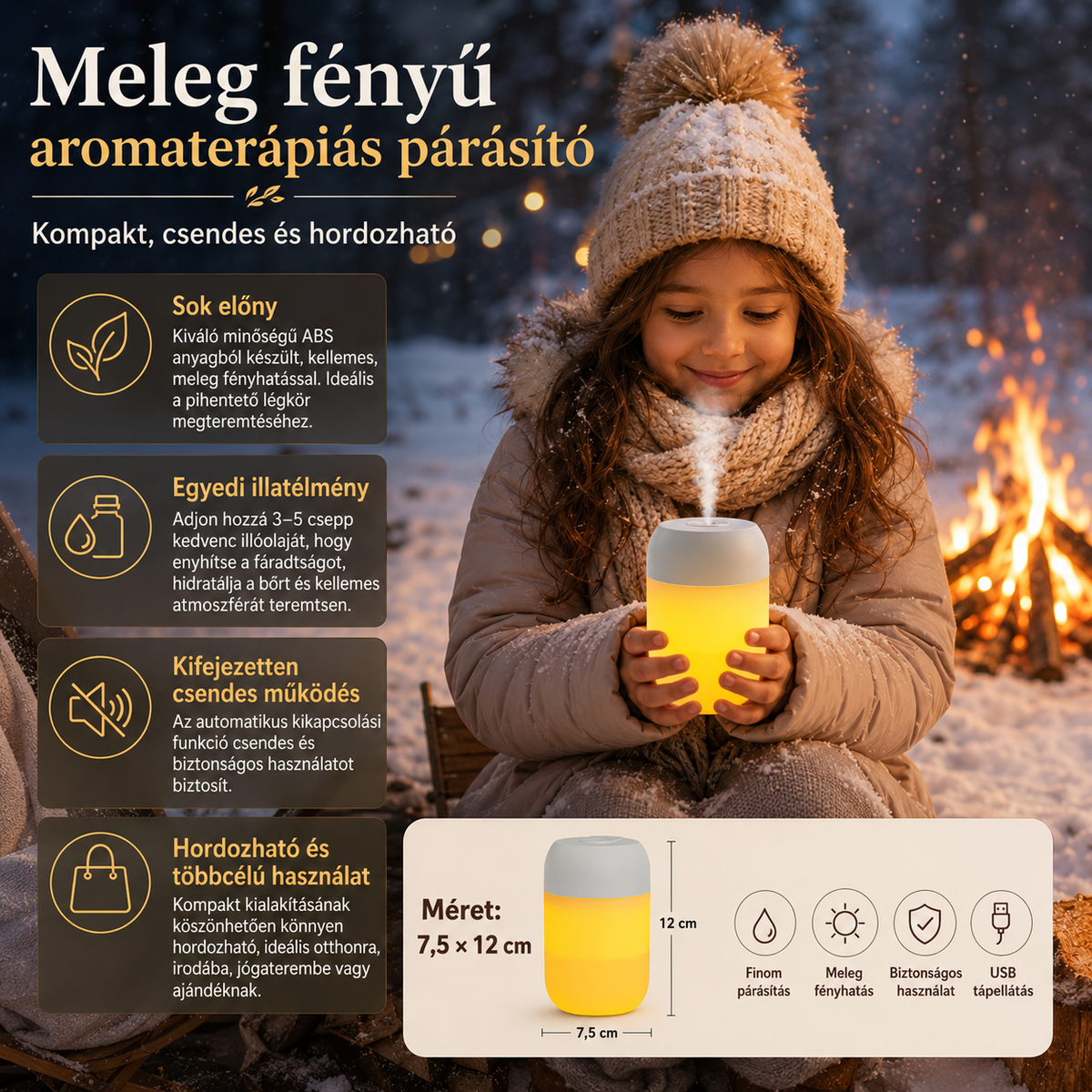 Dollcini Home Humidifier – Warm Light Aromatherapy Essential Oil Diffuser Decor