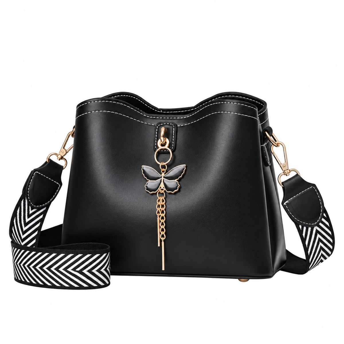 Dollcini Elegant Women's Messenger Bag – Faux Leather, with Butterfly Pendant