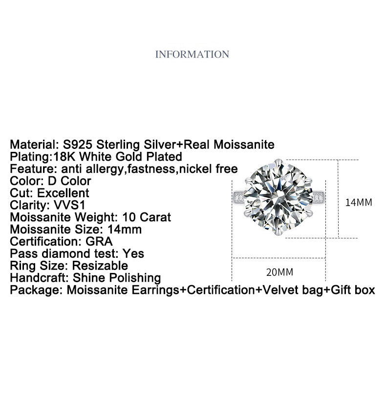 Dollcini 10 Carat Moissanite Ring – 925 Sterling Silver, Classic Six-Prong Setting (Adjustable Size)