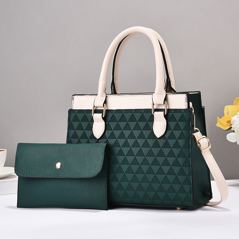 Dollcini green women's tote handbag and wallet set with white handles
