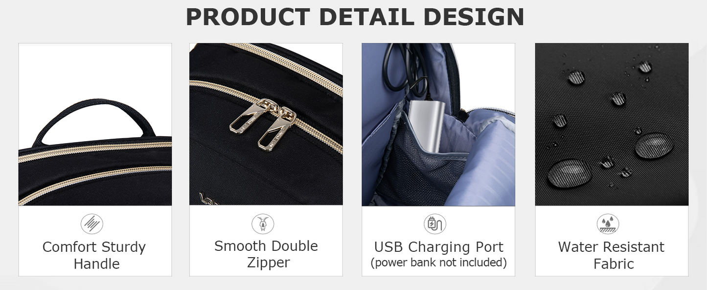 Dollcini Női Városi Hátizsák USB Porttal – Könnyű, Vízálló, 15” Laptophoz
