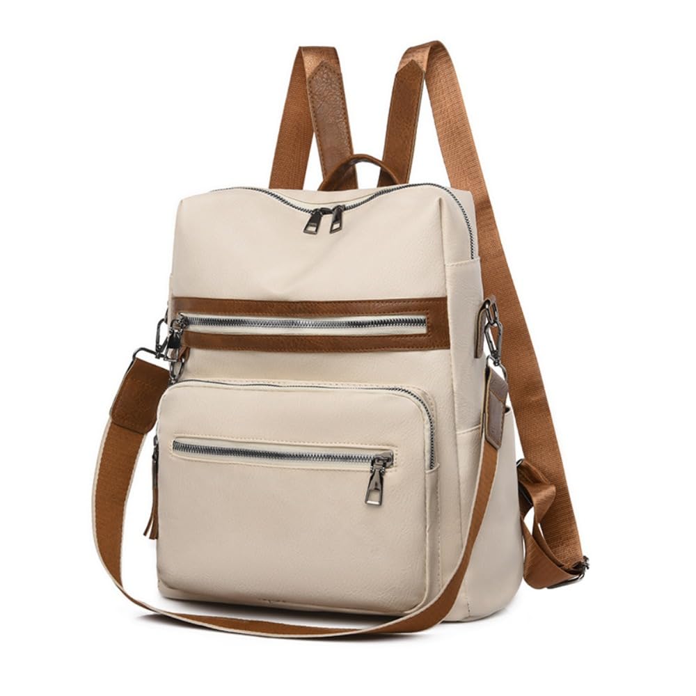 Dollcini cream retro women's faux leather backpack with brown straps and front pockets