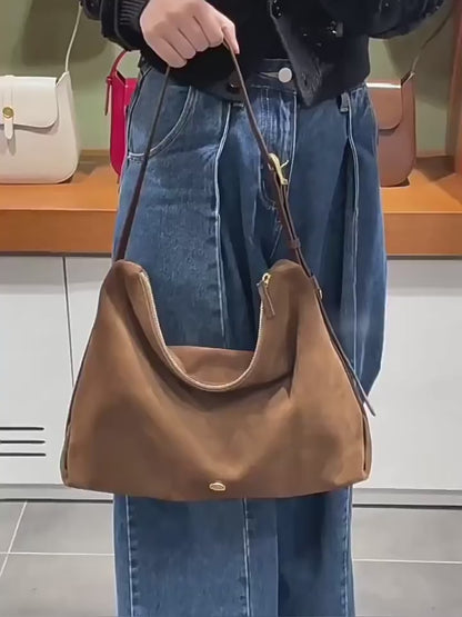 Dollcini Women's Brown Suede Handbag – Zippered, Vegetable-Tanned Leather