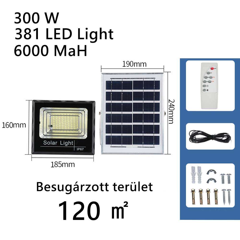 Dollcini, Napelemes fali lámpa, 247 LED/381 LED nagy fényerejű, 150 W/300 W, vízálló, kültéri