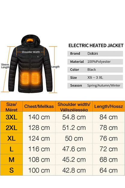 Dollcini, elegáns fűthető női kabát, télikabát, USB fűtési rendszerrel, Szélálló elektromos szigetelt kabát levehető kapucnival, Fekete , 401201