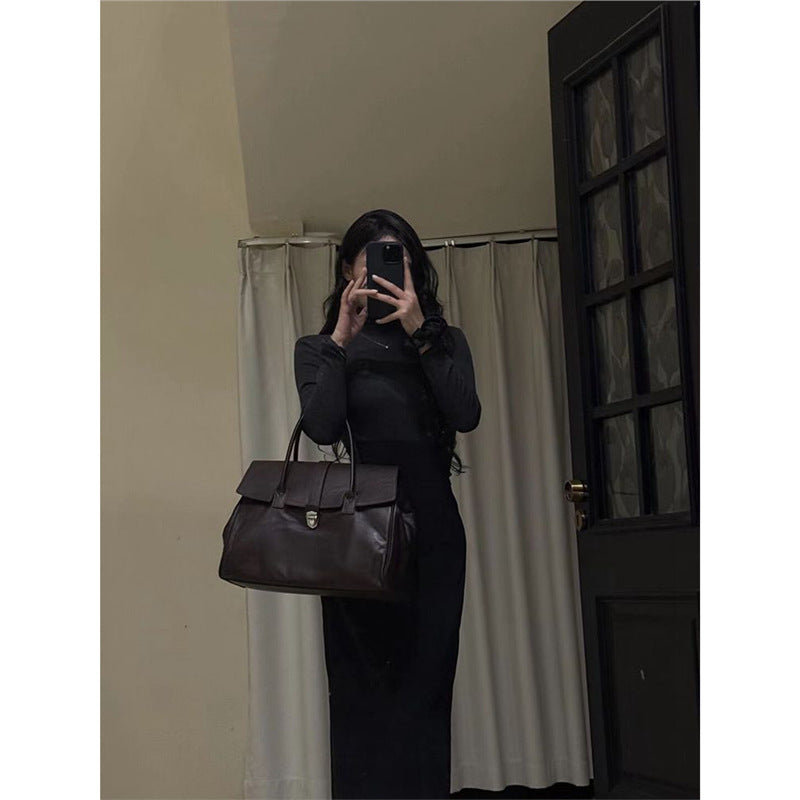Dollcini Elegant Black Women's Tote Handbag – Faux Leather, Flap Closure, For Everyday Use