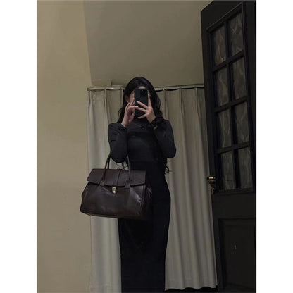 Dollcini Elegant Black Women's Tote Handbag – Faux Leather, Flap Closure, For Everyday Use