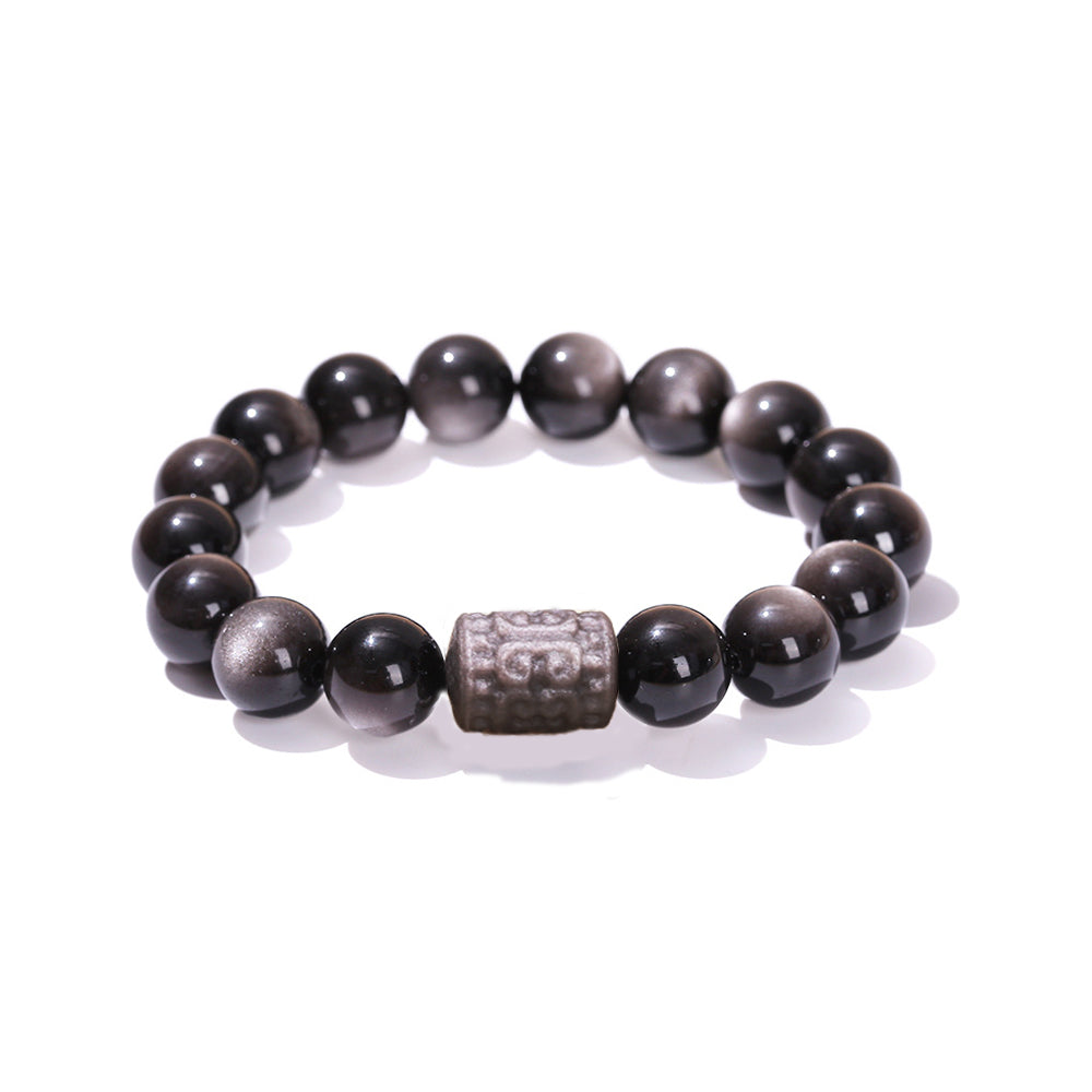 black beaded bracelet with a silver cylindrical decorative bead