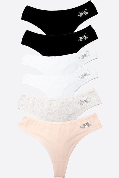 Dollcini,Tanga női bugyi,Cicamintás női bugyi,95% Pamut + Spandex-Többszínű, 6 db-os Csomag