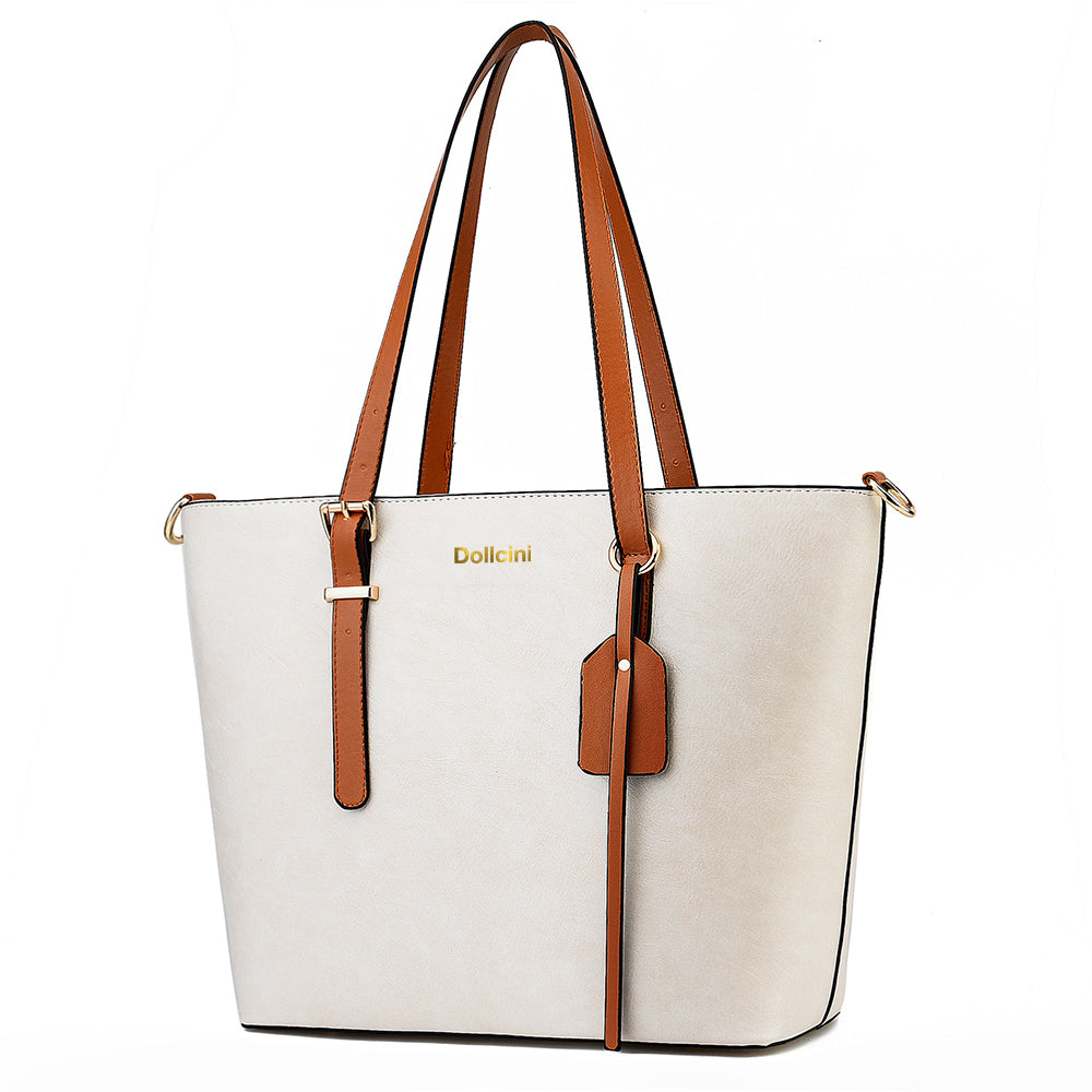Dollcini white classic women's tote shoulder bag with brown strap details